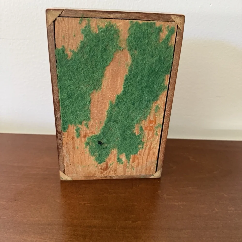 Vintage Wooden Inlay Hinged Keepsake Jewelry Box Velvet Lined Geometric Mother